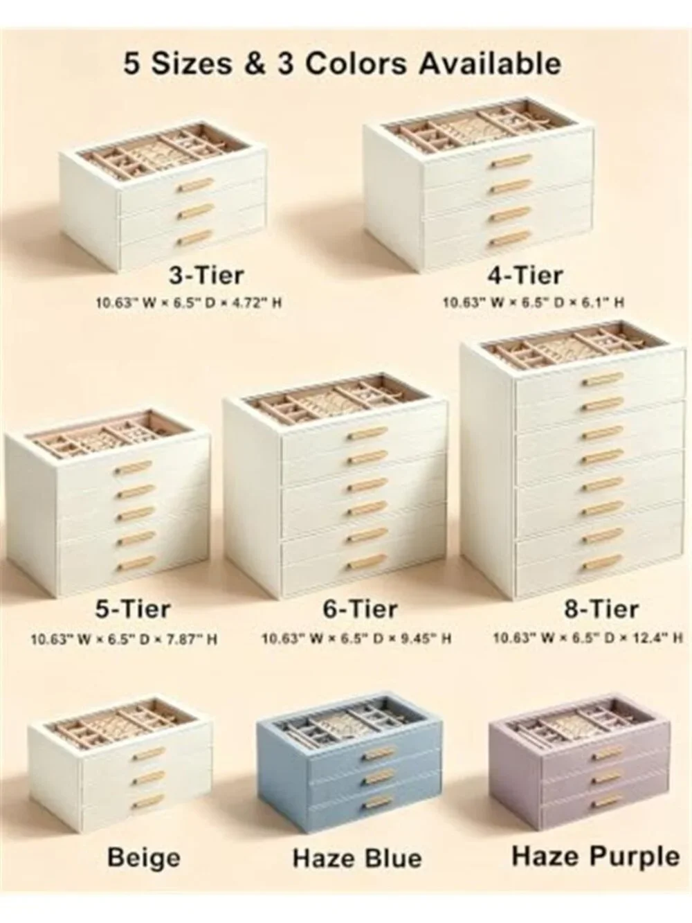 Beige Jewelry Box Organizer 4 Drawer Glass Lid Velvet Ring Necklace Earring Case